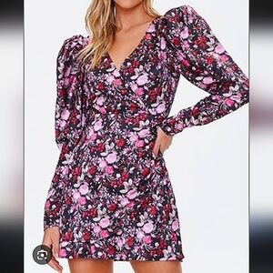 Forever‎ 21 Black/Pink Floral V-Neck Faux Wrap Puffy Sleeve Dress Sz. Small